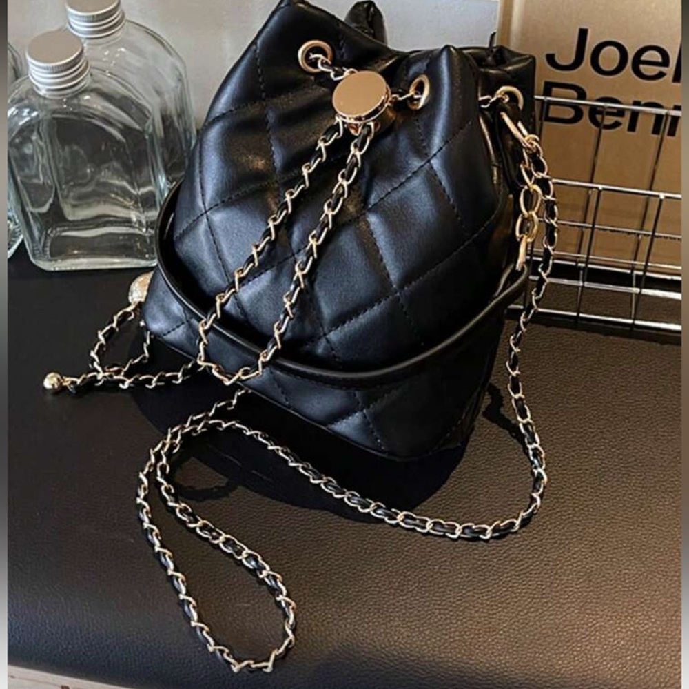 Black Quilted Mini Bucket Bag with Gold Chain Accent - Picture 10 of 13
